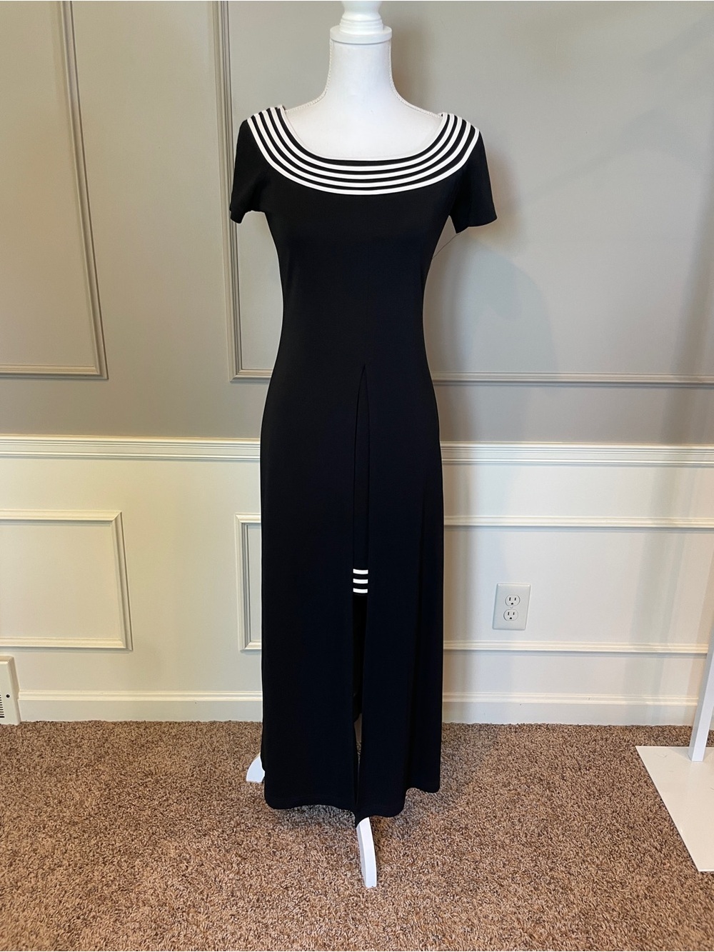 Joseph Ribkoff Black Maxi Dress with White Trim Scoop Neck